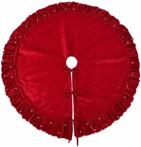 Red Velvet Christmas Tree Skirt with Ruffled Edge and Faux Pearl, 60 Inches Rustic Vintage Xmas Tree Skirt for Party Decorations - Image 2