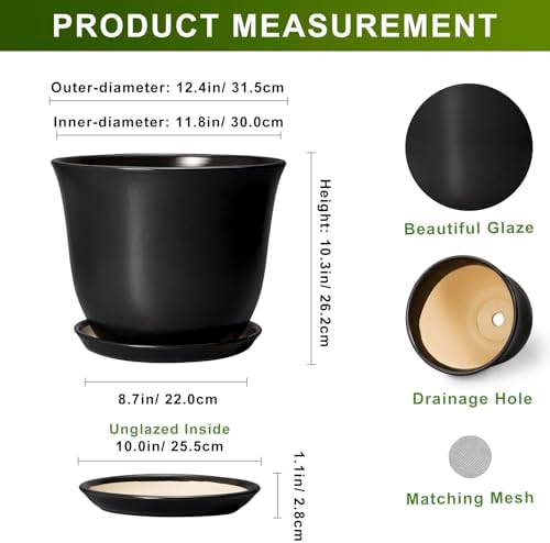 Ceramic Plant Pots - 12 Inch Plant Pot for Indoor Plants Outdoor, Large Planter with Drainage Hole and Saucer, Round Planters, Modern Flower Pot, Garden Patio Home Decor, Garden Gift, Black - Image 2