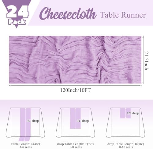 24 Pack Lavender Table Runner 10Ft Cheesecloth Table Runner Rustic Gauze Table Runners Romantic Long Sheer Fabric Cheese Cloth Table Runners for Wedding Party Bridal Baby Shower - Image 2