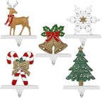 5 Pack Silver Christmas Stocking Holders for Mantle Tree Snowflake Deer Bell Stocking Holder for Fireplace Xmas Stocking Hooks Weighted Hangers Holiday Christmas Decorations Supplies (Set of 5) by Yuokwer