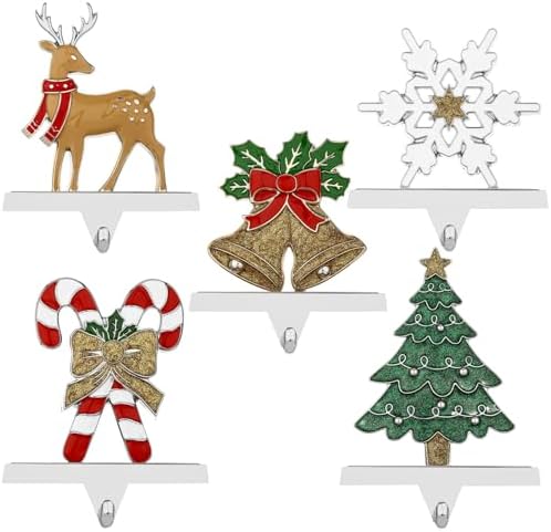 5 Pack Silver Christmas Stocking Holders for Mantle Tree Snowflake Deer Bell Stocking Holder for Fireplace Xmas Stocking Hooks Weighted Hangers Holiday Christmas Decorations Supplies (Set of 5) by Yuokwer