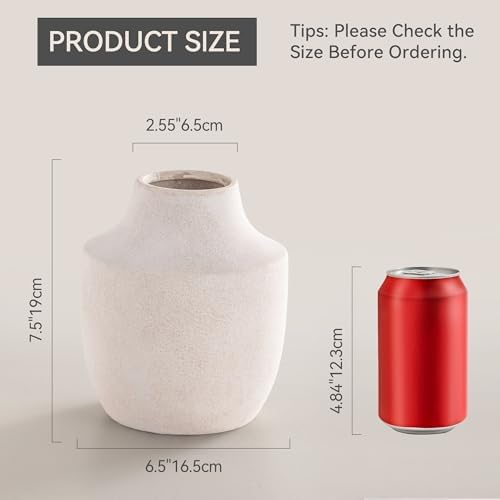Mitt&Ditt Ceramic Flower Vase, 7.5 inch Off-White Farmhouse Rustic Vase, Handcrafted Weathered Pottery Vases, Small Flower Terracotta Vases for Home Decor, Living Room, Table, Shelf - Image 2