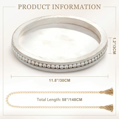 Mumufy 12" Round Decorative Tray with 58" Bead Garland, White Washed - Image 4