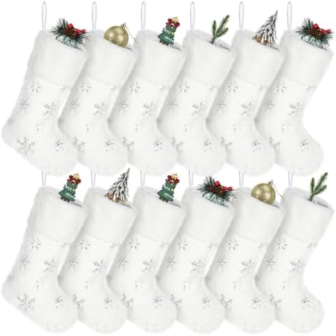 12 Pcs Faux Fur Christmas Stockings 18'' Large Xmas Snowflake Plush Hanging Stocking Glitter Sequin Embroidered Christmas Stockings for Family Fireplace Party Decoration(Beige and Silver) by Glimin