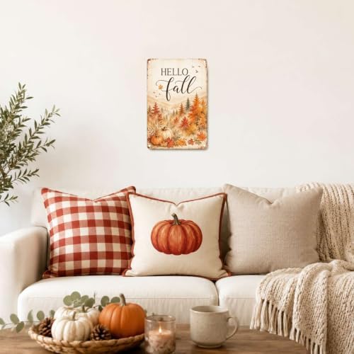 Decorative Tin Sign Watercolor Metal Tin Sign Hello Fall Mountain Forest Autumn Leaves Pumpkins Seasonal Wall Decor for Living Room Entryway Cabin 12×16 Inches with Metal Frame - Image 5
