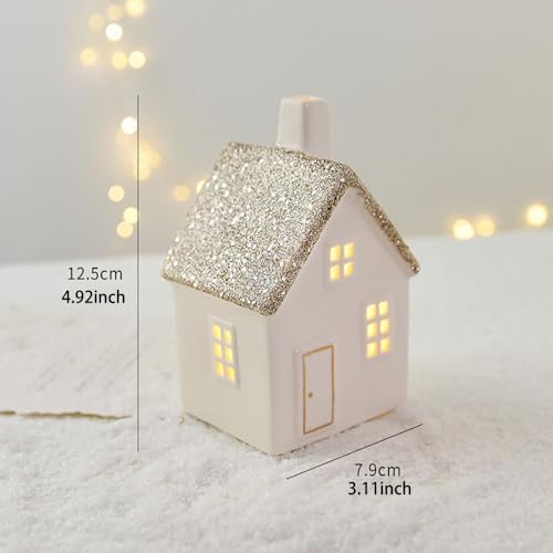 Champagne Ceramic Houses Statue Christmas Village with LED Light, Exquisite Porcelain Miniature Indoor Decorations for Home,Large House - Image 2