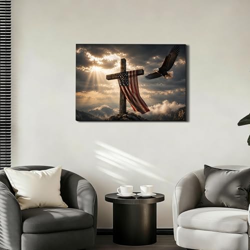 Ship Next Day - USA Flag and Cross Canvas Wall Decor, Framed Patriotic Eagle Painting, Christian Inspirational Artwork for Home, Office, Rustic Americana Wall Hanging, Made in USA - Image 7