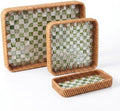 Handwoven Rattan Tray Set of 3 with Mother of Pearl Green Check Inlay by Unknown