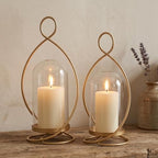 Large Hurricane Pillar Candle Holders with Glass Dome, Set of 2 Decorative Gold Candle Lanterns for Tabletop, Modern Centerpieces for Dining Table, Fireplace Mantel Decor by GlimsdeerDesign