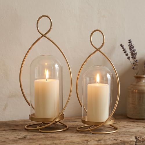 Large Hurricane Pillar Candle Holders with Glass Dome, Set of 2 Decorative Gold Candle Lanterns for Tabletop, Modern Centerpieces for Dining Table, Fireplace Mantel Decor by GlimsdeerDesign