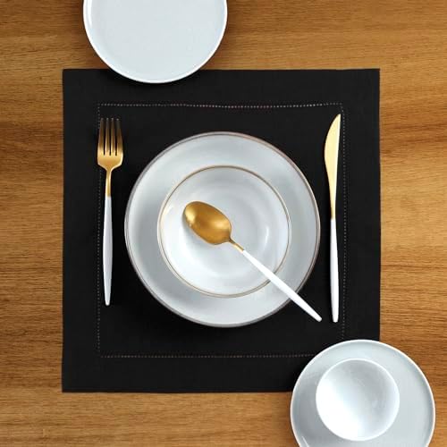 Solino Home 100% Pure Linen Placemats Black Hemstitch, 14 x 14 in, Set of 4 - Image 2