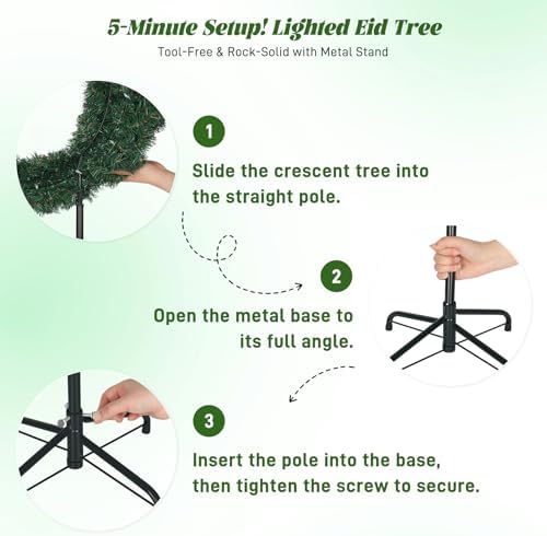 3 FT Eid Ramadan Moon Tree, Lighted Crescent Artificial Tree with LED Star String, Garden Decor Outdoor Lights,Islamic Decoration for Garden, Indoor, Home, Party Decor(Green) - Image 4