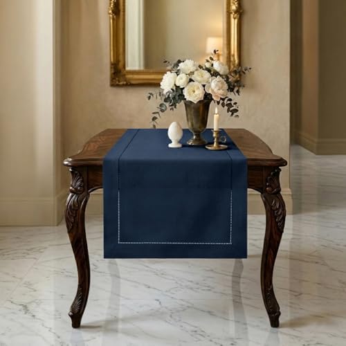 Signature Linen™ by D'Moksha, Navy Blue Table Runner 48 Inches, 100% Pure Linen, Hemstitch, Coffee Table Runner, 14 x 48 Inch for Dresser Tables- Fall, Weddings, Outdoor Hosting by DMokshaHomes