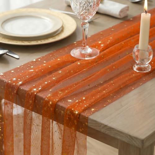 Artoid Mode 6PC Gold Stars Caramel Gauze Table Runner 120 Inch 10FT, Reversible Glitter Sheer Dining Wedding Holiday Birthday Table Decor for Home Party - Image 5