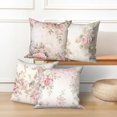 4 Pcs/Set Floral Pillow Covers Spring Poppy Rose Flowers Vintage Plants Watercolor Rustic Valentine Throw Pillow Covers for Outdoor Home Couch Sofa Bedroom Farmhouse Decor, 24"x24" - Image 5