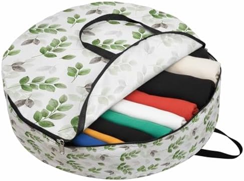 Botanical Country Round Storage Bag 30 Inch, Green Eucalyptus Leaves White Background Clothes Storage Container with Handles Heavy Duty Organizer for Comforter, Bedding & Holiday Wreaths by Unknown