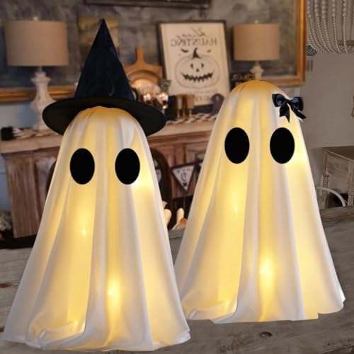 Halloween Lighted Ghost Decorations Set of 2 – Spooky Cute Fabric Ghosts with LED Lamp for Indoor Tabletop, Mantel, Shelf, or DIY Creepy Holiday Displays - Image 3