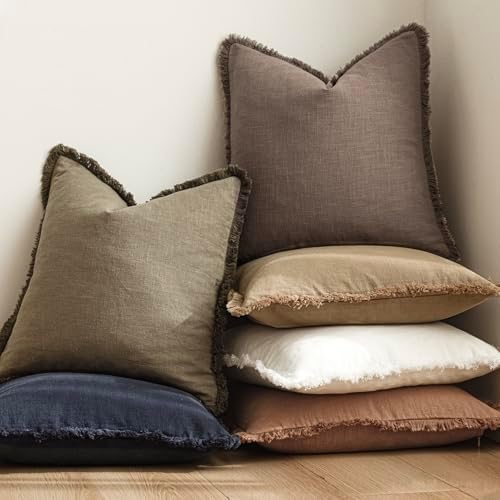 Foindtower Decorative Linen Fringe Throw Pillow Covers 22×22 Light Coffee - Image 6