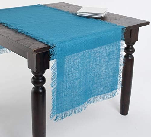 Fennco Styles Mari Sati Fringed Burlap Rectangular Turquoise Table Runner 20" W x 108" L - 100% Jute Table Runner for Everyday Use, Banquets, Family Dinner, Special Events and Home Décor by FenncoStyles