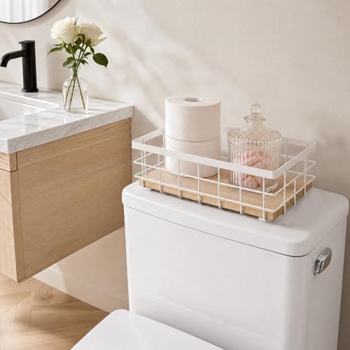TJ.MOREE Small Metal Wire Basket, Decorative Wood Base Organizer for Bathroom, Kitchen, Basket for Toilet Paper Storage, Sugar Packet, Coffee Syrup, Guest Towel Napkin, White 2-Pack - Image 3