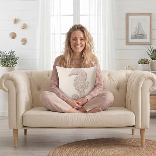4 Pcs Coastal Beach Pillow Covers 18x18 Starfish Seahorse Coral Sand Dollar Embroidery Nautical Throw Pillow Covers Cushion Cases for Bedroom Sofa Ocean Summer Theme Holiday Home Decoration - Image 5
