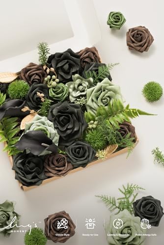 Ling's moment Fake Flowers Box, Faux Artificial Greenery Stems Foam Roses Gardenia Silk Lily Fabic Flower for Centerpieces Bouquet Wedding Vase Floral Decorations, Emerald & Gold, Grand Combo - Image 4
