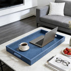 30 x 24 inches Rectangle Leather Ottoman Serving Tray with Hole Handles, Extra Large Modern Service Tray for Living Room, Coffee Table, Bed, Tea, Food, Countertop, Kitchen, Dinner, Picnic (Blue) - Image 2