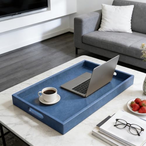 30 x 24 inches Rectangle Leather Ottoman Serving Tray with Hole Handles, Extra Large Modern Service Tray for Living Room, Coffee Table, Bed, Tea, Food, Countertop, Kitchen, Dinner, Picnic (Blue) - Image 2
