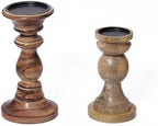 Rustic Wooden Candle Holders Set of 2, Handcrafted Antique Farmhouse Pillar Candle Stand for Home Decor, Vintage Decorative Mango Wood Taper Holder for Mantel, Living Room, Wedding, Table Centerpiece by Unknown