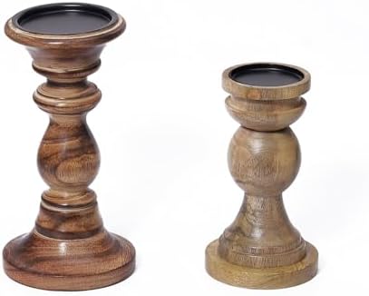 Rustic Wooden Candle Holders Set of 2, Handcrafted Antique Farmhouse Pillar Candle Stand for Home Decor, Vintage Decorative Mango Wood Taper Holder for Mantel, Living Room, Wedding, Table Centerpiece by Unknown