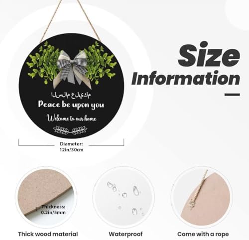 Welcome To Our Home Hanging Sign Islamic Wall Art,Round Wooden Arabic Calligraphy Wall Decor,As-Salamu Alaykum -Peace Be Upon You,Islamic Floral Design For Wall Decoration,Door Hangings,Office - Image 3
