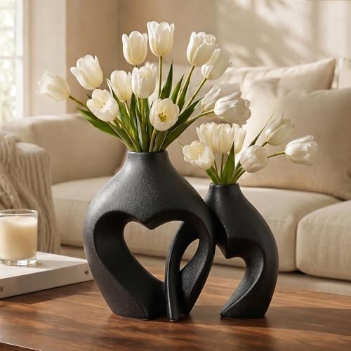 Black Vase Snuggle Hollow Ceramic Vase Set of 2 Modern Vases for Home Decor - Image 5