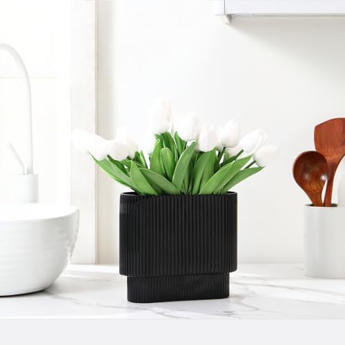 Ribbed Vase, Black Glass Vase for Flowers, Black Flower Vases for Tulips, Modern Vases for Living Room, Dining Table, Office, Bedroom, Mantle, Shelf, Wedding, 7 Inch - Image 5