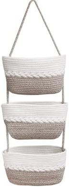 Over the Door Hanging Basket for Organizing 3 Tiers Woven Cotton Rope Wall Mount Storage basket Decorative Kitchen Hanging Organizer Bathroom include 1door hook MixedBrown by ililmmoe