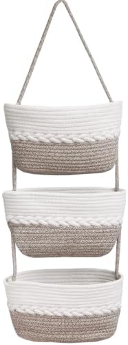 Over the Door Hanging Basket for Organizing 3 Tiers Woven Cotton Rope Wall Mount Storage basket Decorative Kitchen Hanging Organizer Bathroom include 1door hook MixedBrown by ililmmoe