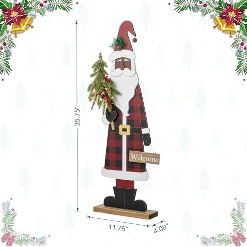 Glitzhome 36''H Lighted Wooden Africa Santa Porch Decor with Timer & LED Lights, Christmas Standing Santa Porch Sign Decor with Xmas Tree and Welcome Plaques for Front Door Outdoor Decor - Image 4