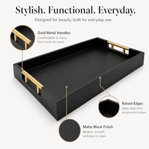 Luxury Black Ottoman Tray with Gold Handles – 12x17 Large Decorative Serving Tray for Coffee Table, Couch, Breakfast in Bed & Home Décor – Modern Wood Display Tray - Image 5