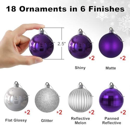 Purple & Silver 2.5" Christmas Balls Christmas Tree Decoration Ornaments Shatterproof Hanging Balls for Birthday Halloween Holiday Wedding Decorations Set of 18pcs - Image 2