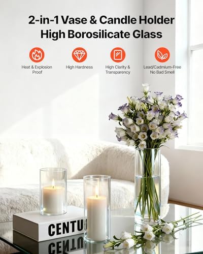 VEVOR Pillar Candles and Glass Vases Set 120 Pcs, Clear Cylinder Hurricane Candle Holders for Wedding Centerpieces, Tall Vase for Table Decor, Wedding Party,Thanksgiving,White (2.56" x 4.7",5.9",7.9") - Image 3