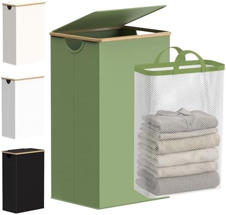 efluky 26 Gal Laundry Basket with Lid and Net Bag, Tall Laundry Hamper with Bamboo Handles, Aesthetic Dirty Clothes Bin for Laundry Room, Bathroom, Bedroom and Dorm, Green by efluky