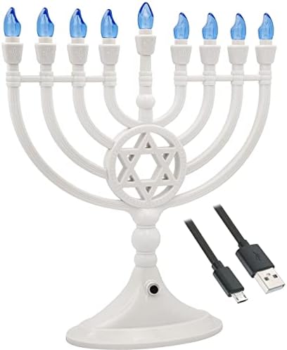 The Dreidel Company Traditional LED Electric White Hanukkah Menorah - Large Size 13-Inches Tall Battery or USB Powered - Includes a Micro USB Charging Cable by TheDreidelCompany