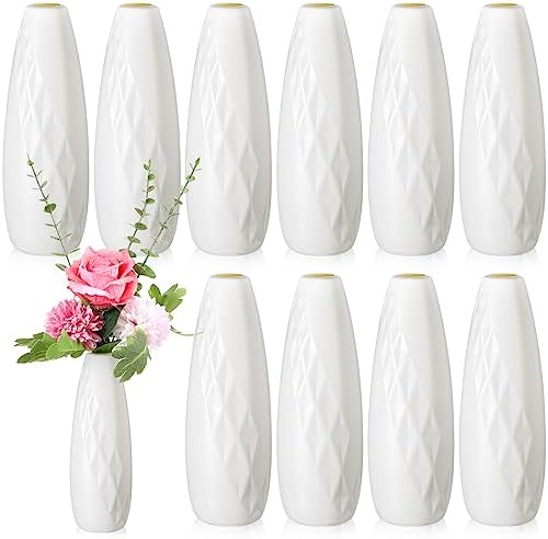 10 Pack Composite Plastic Flower Vases Bulk White Small Tall Conic Floral Vases for Centerpieces Unbreakable Bud Vase for Wedding Party Living Room Decor (Elegant) by Didaey