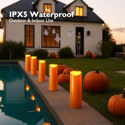 Homemory 4"x12" Halloween Orange Flameless Candles, Fall Candles, Outdoor Waterproof Flameless Candles with Remote and Timers, Battery Operated LED Pillar Candles, Won't Melt Plastic, Set of 2 - Image 4