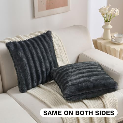 FUTEI Pack of 2 Faux Mink Fur Throw Pillow Covers 22x22 Inch, Dark Grey - Image 4