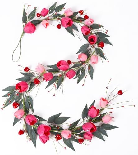 Suncalla 6 ft Valentine Day Garland with Rose Tulips Flowers Heart Berries - Image 6