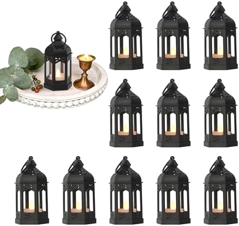 Mini Moroccan Lanterns with Flicker LED Candles Set of 12, Black Vintage Decorative Hanging Lanterns for Ramadan Decorations, Christmas, Halloween, Wedding Decor, Party, Table Centerpiece by ReperlaSpecialMiniSmallLanternDecoration