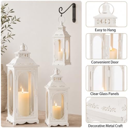 TRIROCKS Set of 3 Vintage Candle Lanterns 10/14/19.5'' High Decorative Outdoor Lantern Metal Candle Holder with Tempered Glass for Home Living Room Garden Yard Parties Events Indoors Outdoors (White) - Image 4