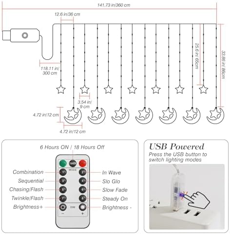 Lewondr Ramadan Curtain String Lights, 138 LEDs Moon Castle Star Lights - Image 5