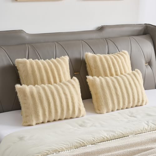 FUTEI Pack of 2 Faux Mink Fur Throw Pillow Covers 24x24 Inch, Beige - Image 6
