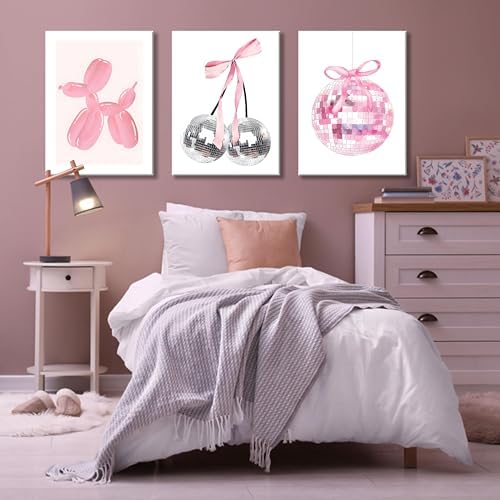 Framed Pink Disco Ball Wall Art Set of 3, Cute Cherry with Bows and Balloon Dog Posters Print, Trendy Pink Aesthetic Party Wall Decor for Teen Girls Bedroom Dorm Apartment 12x16in - Image 5
